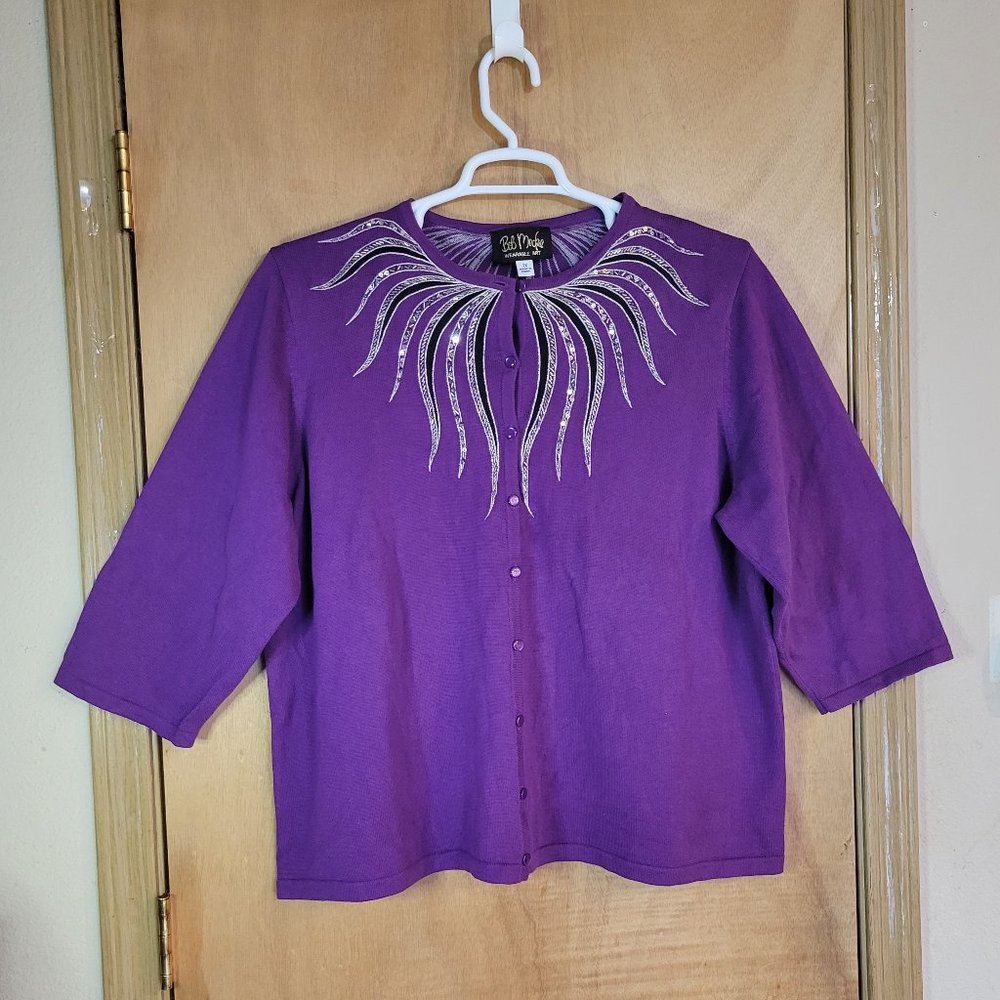 Bob Mackie Wearable Art 2X Sweater Cardigan Long Sleeve Purple